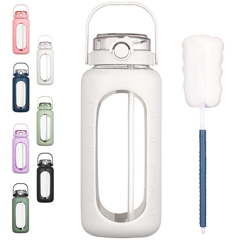 BLUEGO 64oz Glass Water Bottles with Straw Time Marker Half Gallon Large Motivational Water Bottle with Silicone Sleeve 2 Liter Large Glass Water Jug for Gym Sports Workout Daily White