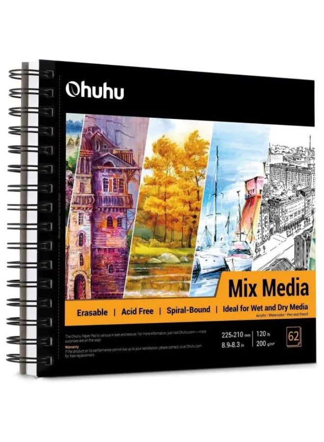 Ohuhu Mix Media Pad, Ohuhu 8.9"×8.3"(225 X 210 mm), 120 LB/200 GSM Heavyweight Papers 62 Sheets/124 Pages - Image 1
