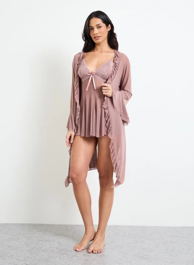 تايك تو Nude  Lace Trim Satin Slip and Robe Set