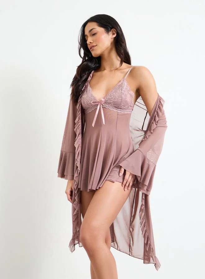 تايك تو Nude  Lace Trim Satin Slip and Robe Set