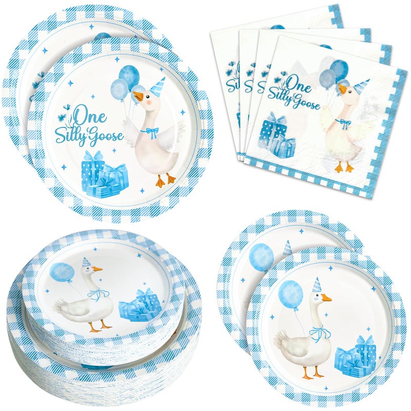 Dhnvcud 180Pcs One Silly Goose Party Supplies Serve 60 Goose Theme Paper Plates And Napkins Kit For Baby Shower Birthday Party Decorations - Image 1