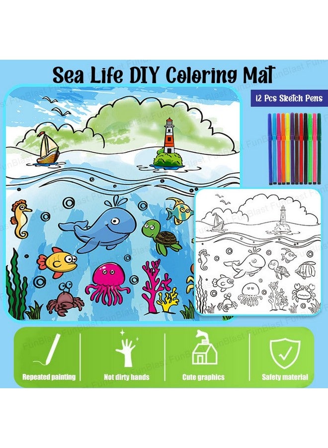 FunBlast Washable Coloring Mat, Sea Life DIY Coloring Mat for Kids, Reusable & Washable Sketch Drawing Mat for Kids, Doodle Drawing Mat for Kids (80 X 80 CM) - Image 4