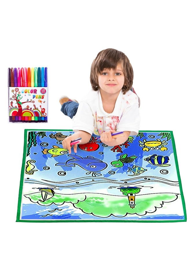 FunBlast Washable Coloring Mat, Sea Life DIY Coloring Mat for Kids, Reusable & Washable Sketch Drawing Mat for Kids, Doodle Drawing Mat for Kids (80 X 80 CM) - Image 1