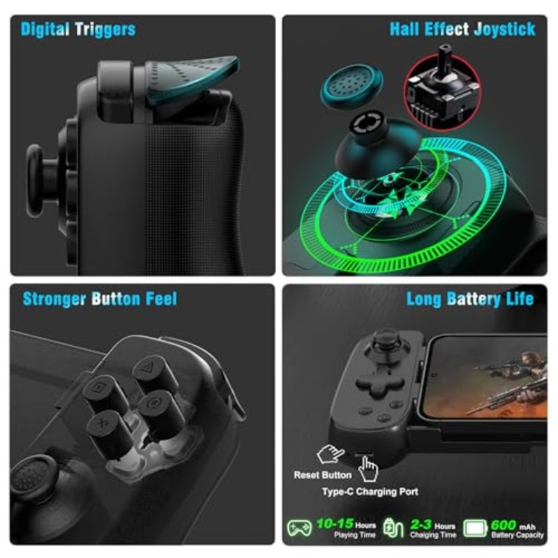 Wireless Phone Controller for iPhone/Android, Mobile Game Controller with Hall Joystick Suitable for Xbox Cloud Gaming, PS Remote Play, Steam Link, Call of Duty and More - Black - Image 3