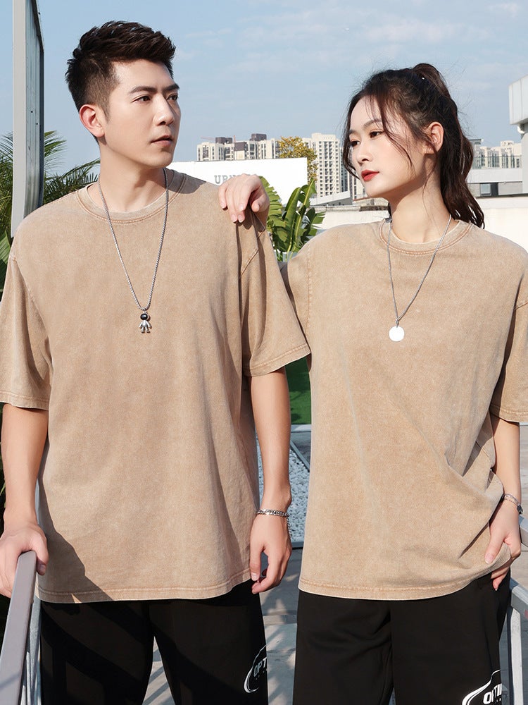 230G Oversized Fried Snowflake To Make Old Shoulder Wash Art Retro Pure Cotton T-Shirt - Image 3