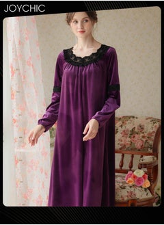 Long-sleeved Nightgown for Women Winter Palace Style Long Home Dress Gold Velvet Fabric Warm Pajamas Ladies Loose Loungewear Purple