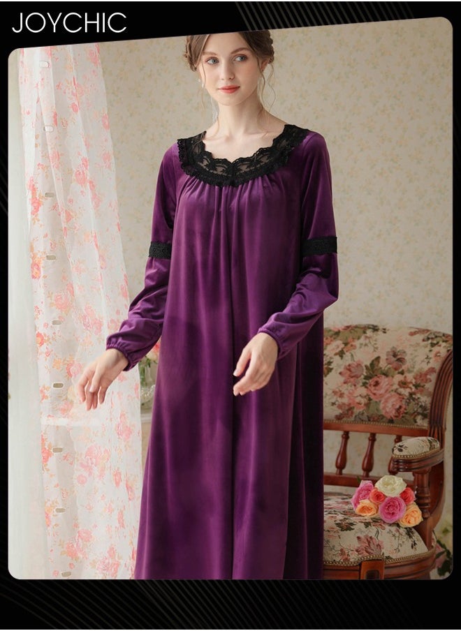 Joychic - Long-sleeved Nightgown for Women Winter Palace Style Long Home Dress Gold Velvet Fabric Warm Pajamas Ladies Loose Loungewear Purple - Image 1