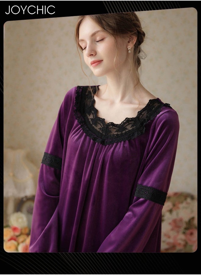Joychic - Long-sleeved Nightgown for Women Winter Palace Style Long Home Dress Gold Velvet Fabric Warm Pajamas Ladies Loose Loungewear Purple - Image 1