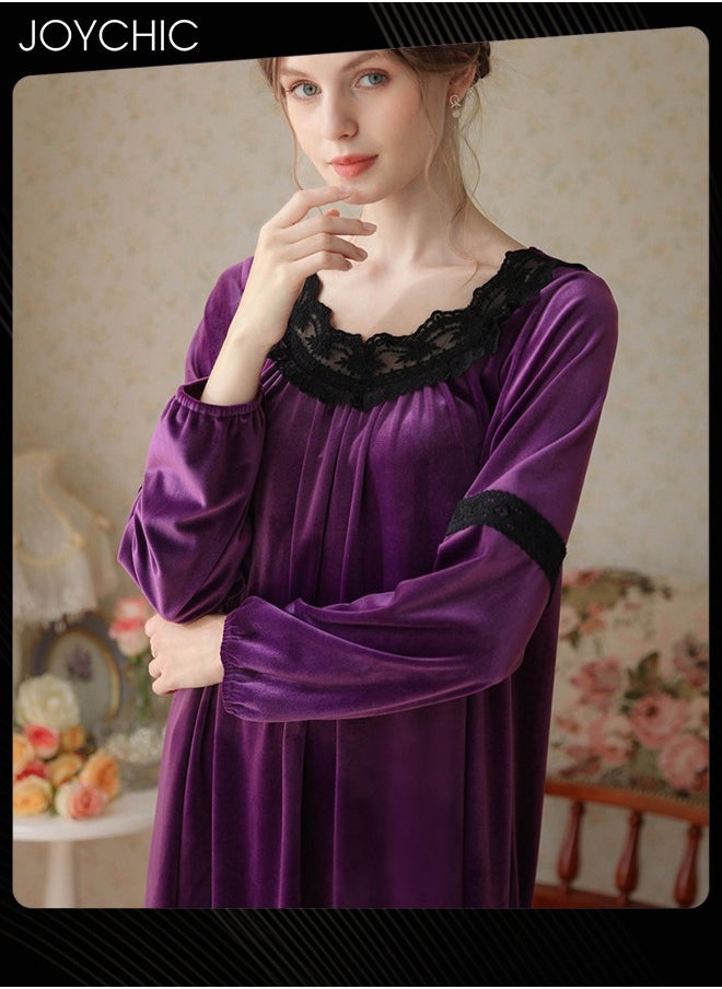 Joychic - Long-sleeved Nightgown for Women Winter Palace Style Long Home Dress Gold Velvet Fabric Warm Pajamas Ladies Loose Loungewear Purple - Image 1