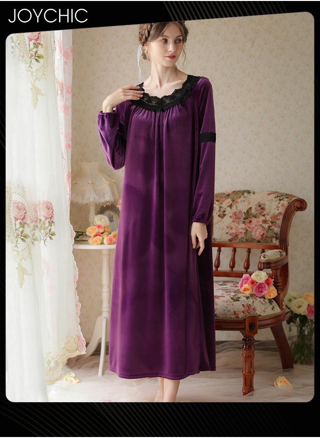Joychic - Long-sleeved Nightgown for Women Winter Palace Style Long Home Dress Gold Velvet Fabric Warm Pajamas Ladies Loose Loungewear Purple - Image 1