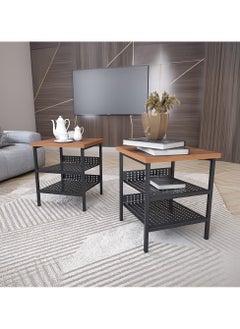 RIGID Steel Nightstand Set of 2 Side Tables with Wooden Top Black 50x40x40cm  - Image 1