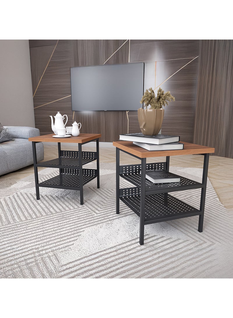 RIGID طقم طاولة جانبية من الفولاذ مكون من طاولتين جانبيتين مع سطح خشبي باللون الأسود 50x40x40 سم  - Image 1