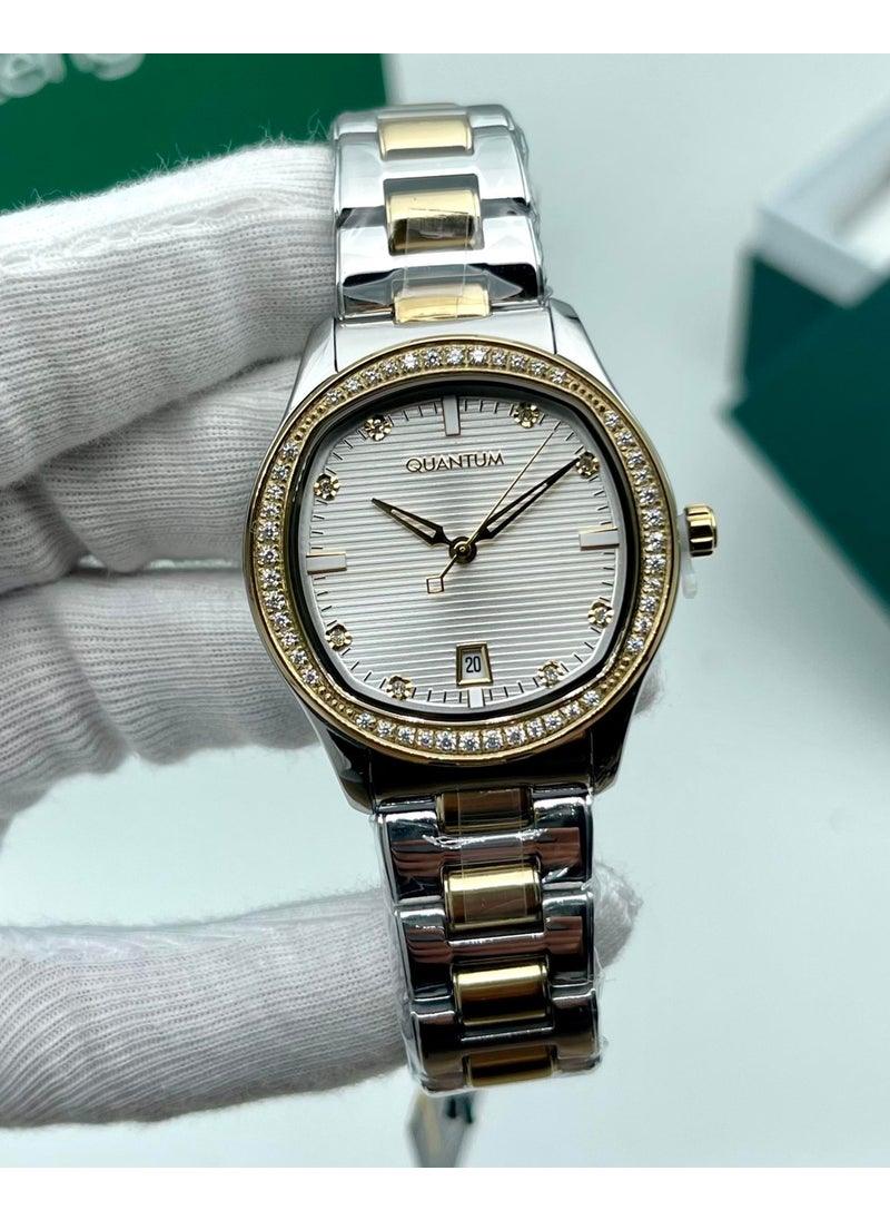 Quantum Women's Stone Checkered Silver-Gold Color Wristwatch + Bracelet Gift  - Image 2