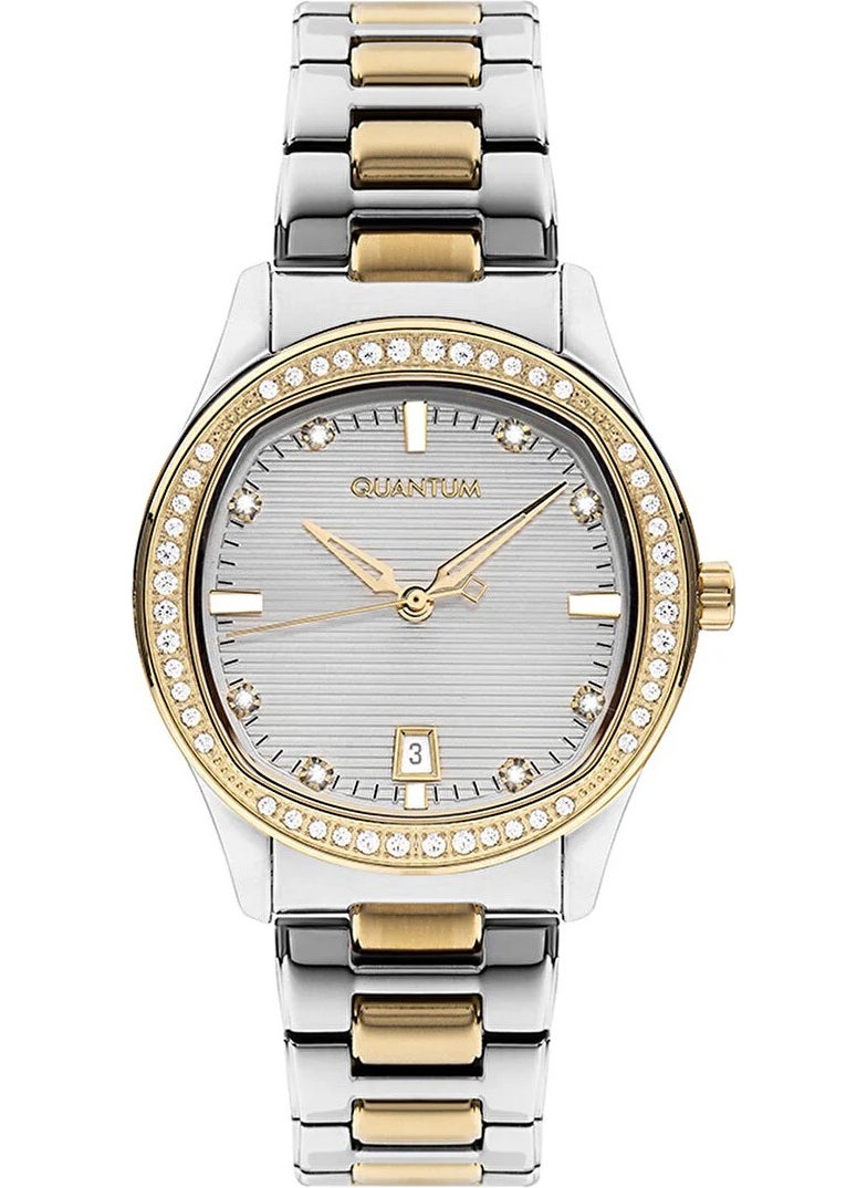 Quantum Women's Stone Checkered Silver-Gold Color Wristwatch + Bracelet Gift  - Image 3