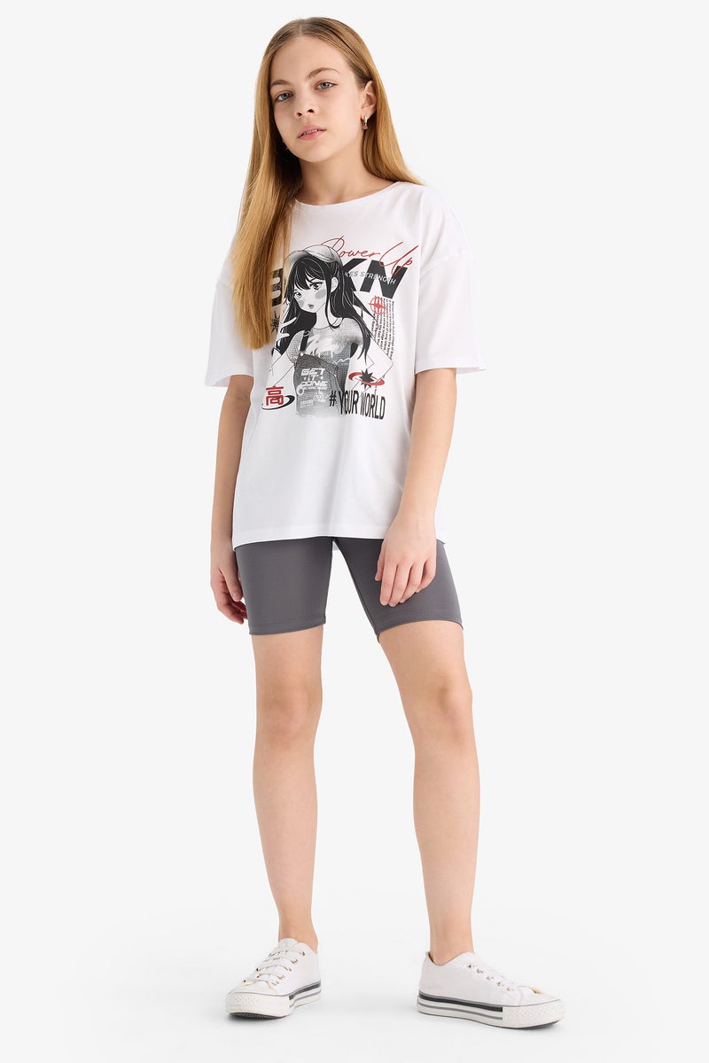 DeFacto Girl's 2 Piece Set Printed Short Sleeve T Shirt Biker Shorts - Image 1