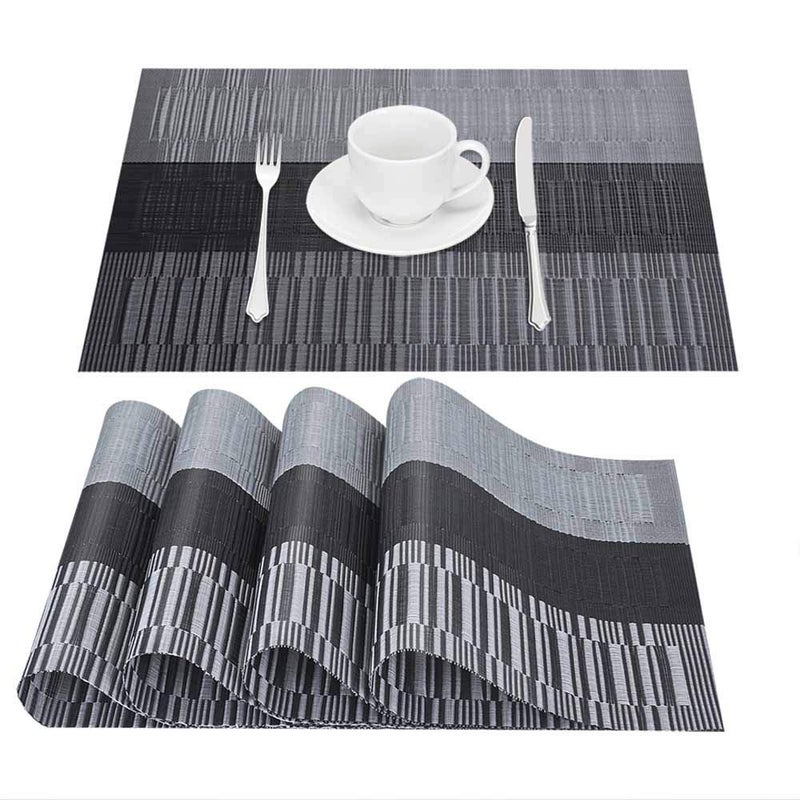 GIVERARE GIVERARE Placemats Set of 4 HeatResistant Woven Vinyl Placemat NonSlip Washable PVC Table Mat Easy to Clean Premium Plastic Mats for Dining Kitchen Table BlackGray