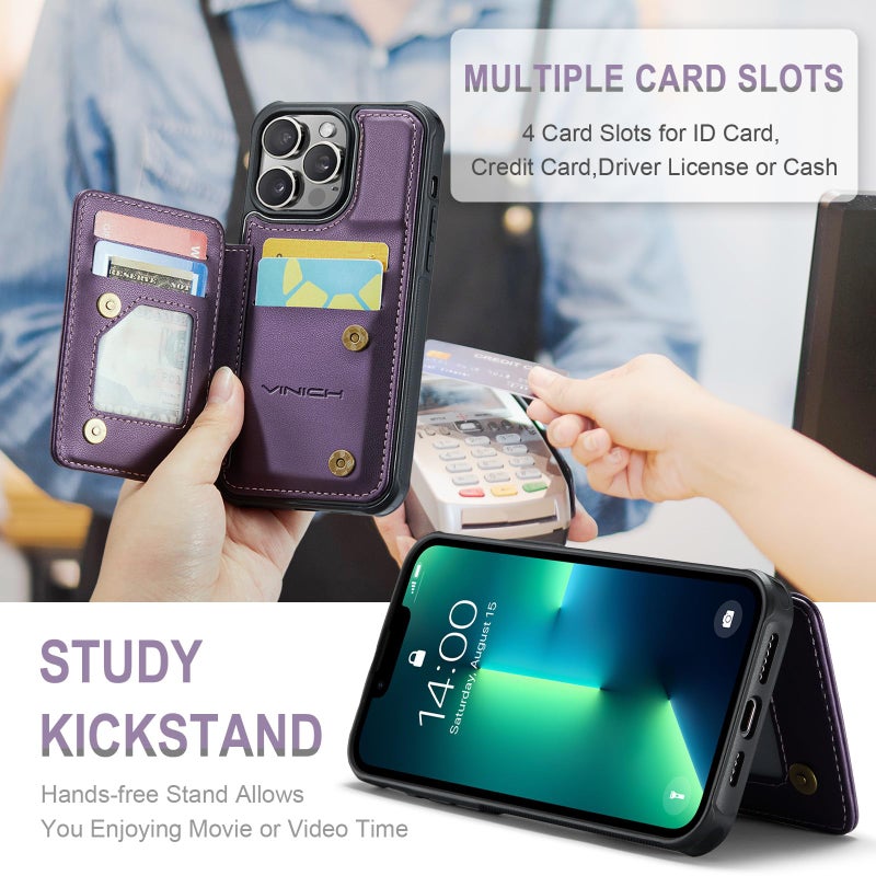 Vinich for iPhone 13 Pro Wallet Case with Card Holder, RFID Blocking Credit Slots Kickstand Shockproof Phone Cover Fit for iPhone 13 Pro 6.1" Purple - Image 4