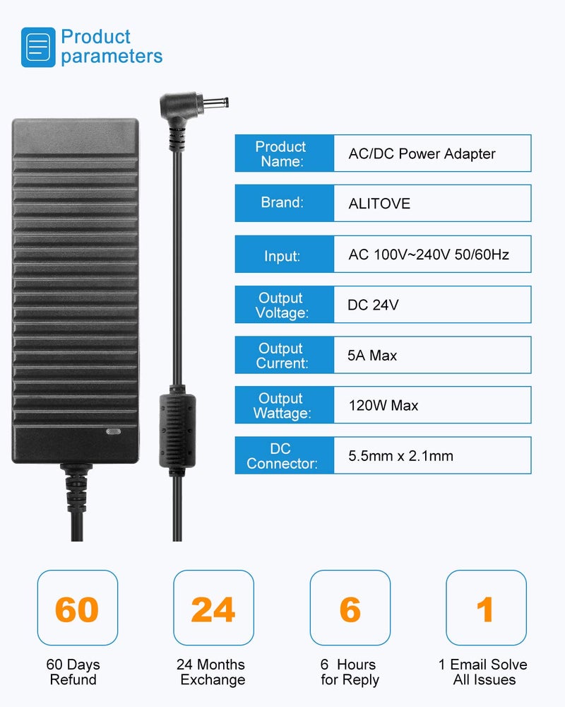 ALITOVE محول الطاقة ALITOVE 24V DC 24 فولت 5A محول AC 100-240V AC/DC متوافق 5 أمبير 4A 3A 2.7A 2.5A 2A مع طرف 5.5 * 2.5mm/2.1mm لشريط LED وكاميرا CCTV وطابعة وشاشة LCD - Image 3
