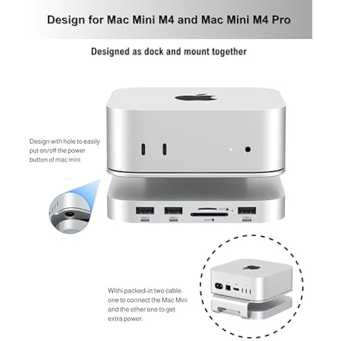 rayihni MAC MINI M4 DOCK, ALUMINUM STAND AND HUB FOR MAC MINI M4 AND M4 PRO WITH M.2 NVME SSD ENCLOSURE, 4K 60HZ HDMI, 2X USB-A 10GBPS, SD/TF CARD READER, USB 2.0 DATA - Image 2