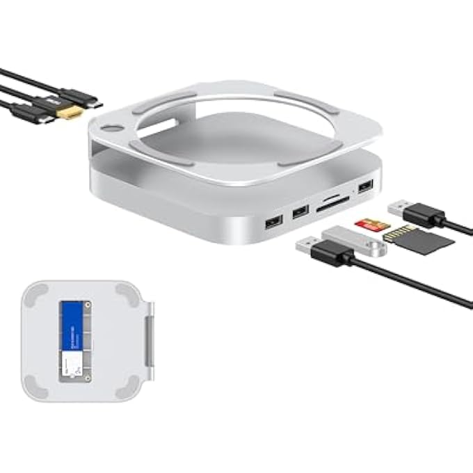 rayihni MAC MINI M4 DOCK, ALUMINUM STAND AND HUB FOR MAC MINI M4 AND M4 PRO WITH M.2 NVME SSD ENCLOSURE, 4K 60HZ HDMI, 2X USB-A 10GBPS, SD/TF CARD READER, USB 2.0 DATA - Image 1