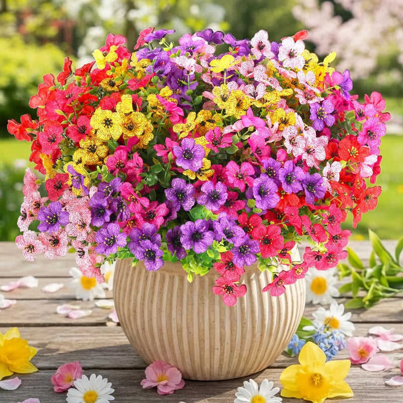 CEWOR 12 Bundles Artificial Flowers for Outdoor Indoor, Fake Silk Daisy with Eucalyptus Leaves, Faux Flower for Garden Front Door Porch Planter Patio Home Decor (6 Multicolor) - Image 1