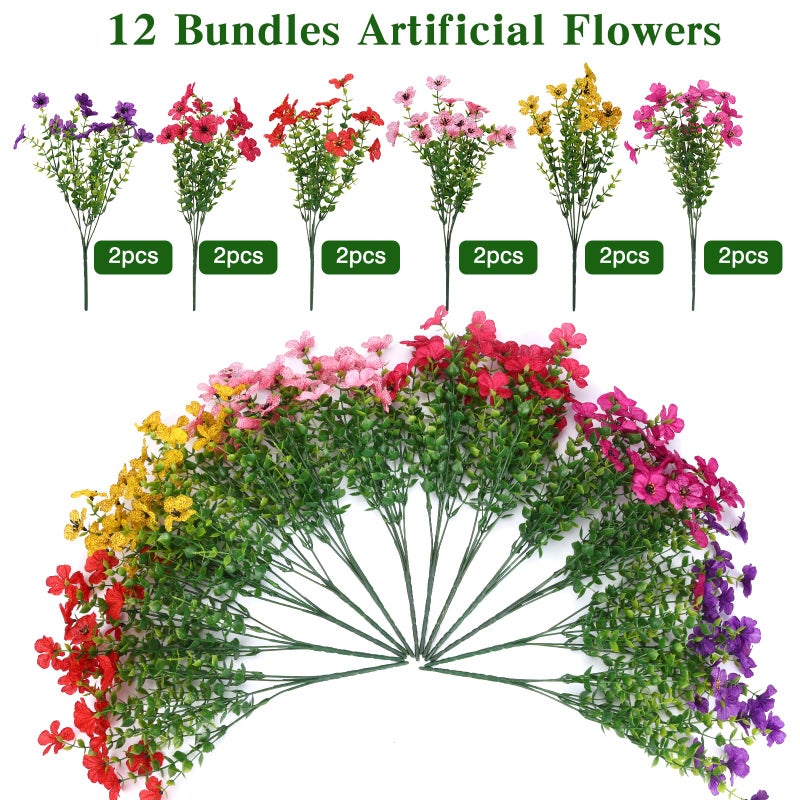 CEWOR 12 Bundles Artificial Flowers for Outdoor Indoor, Fake Silk Daisy with Eucalyptus Leaves, Faux Flower for Garden Front Door Porch Planter Patio Home Decor (6 Multicolor) - Image 3