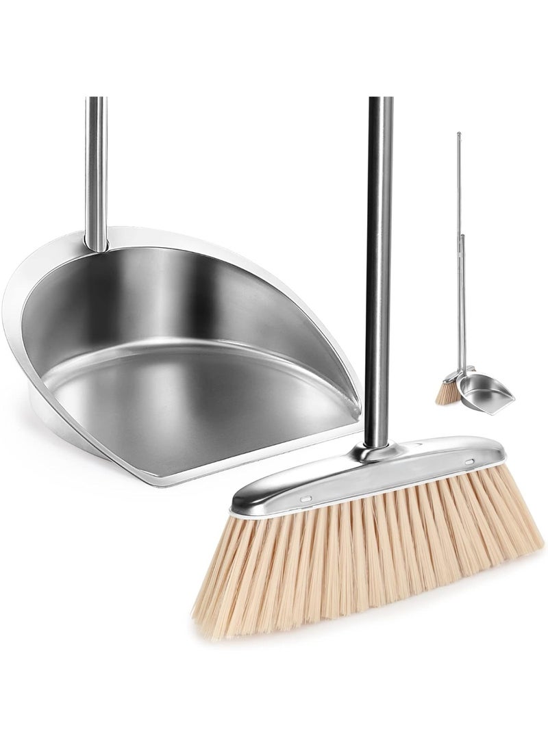 Broom and Dustpan Set with Long Handle, Stainless Steel Broom with Upright Dustpan Dust Pans, Heavy Duty Dustpan with Broom Combo Set for Home Kitchen Office Lobby Floor, Khaki - Image 1