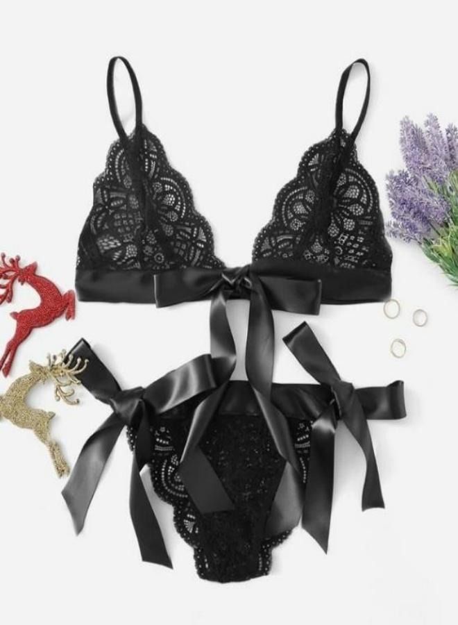 Women's Soft Cup Bra and Underwear Set Lingerie Sets Chemises Bralette Lace Straps Hollow Fishnet Triangle Bra Bow-knot High Cut Brief black  - Image 1