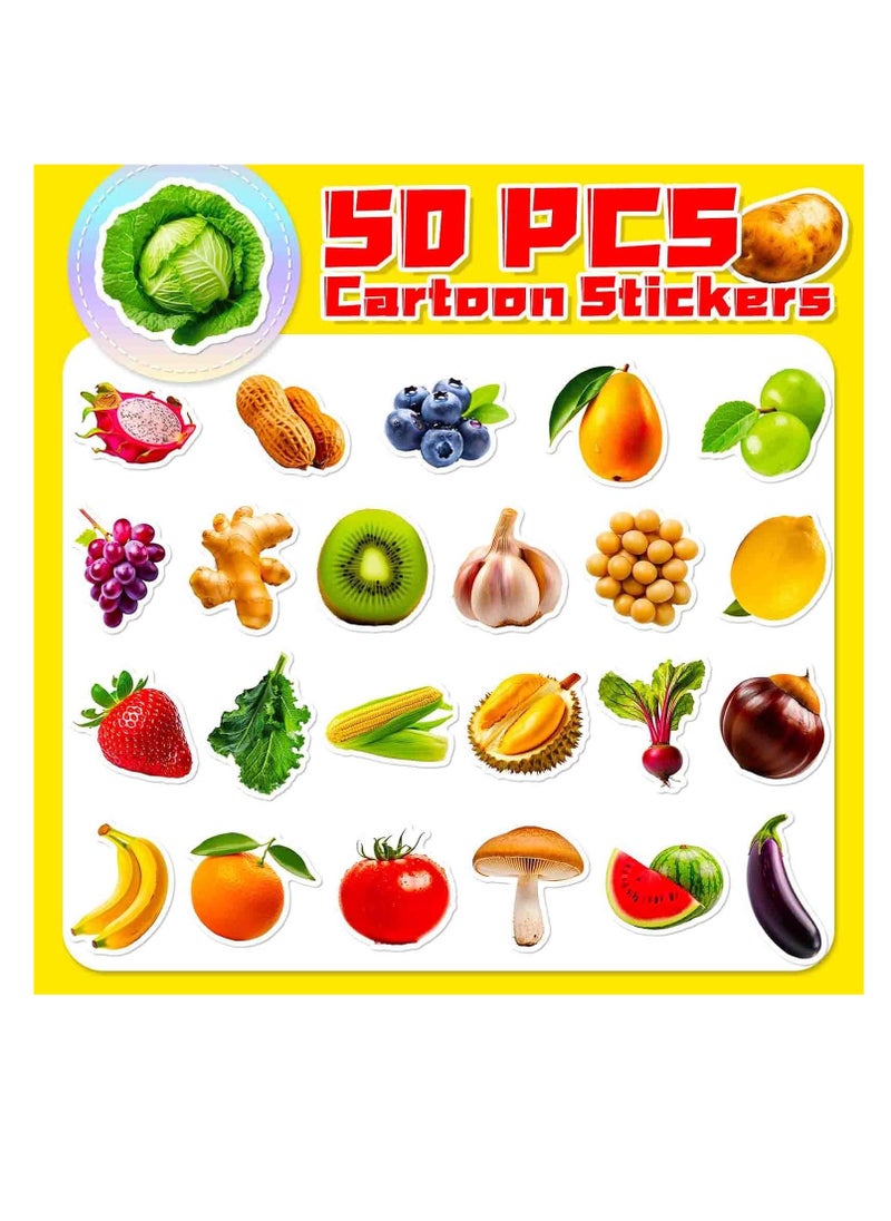 Meetion - Fruit and Vegetable Stickers 50Pcs - Cute Vinyl Waterproof Stickers for Water Bottle, Laptop, Scrapbook - Kids Classroom Party Supplies - Image 1