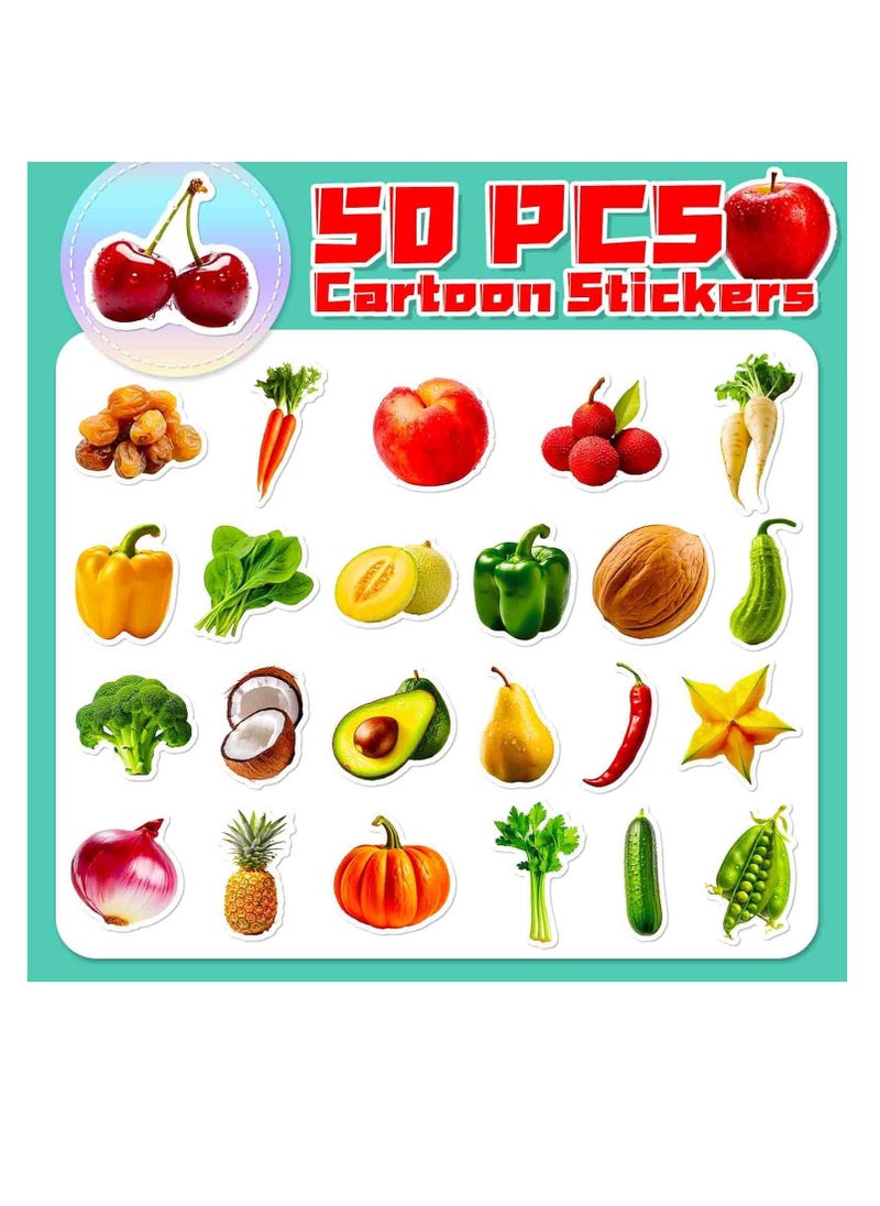 Meetion - Fruit and Vegetable Stickers 50Pcs - Cute Vinyl Waterproof Stickers for Water Bottle, Laptop, Scrapbook - Kids Classroom Party Supplies - Image 1