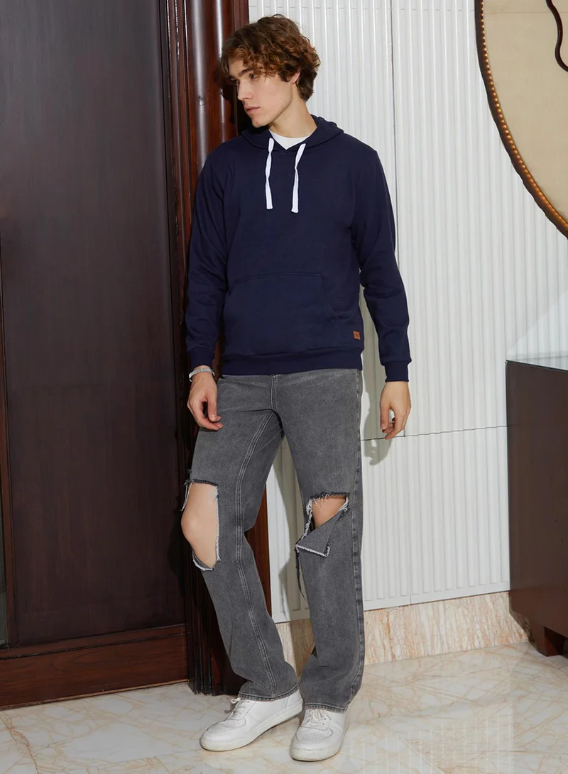 Campus Sutra Men's Navy Blue Regular Pullover Hoodie
