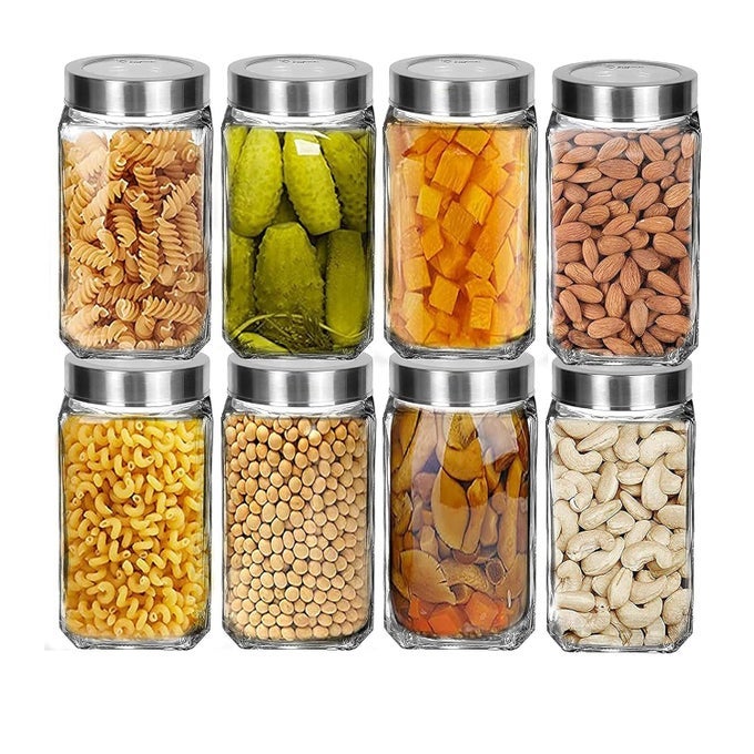 CUBICAL SQUARE TRANSPARENT GLASS JARS CONTAINERS FOR KITCHEN PANTRY SNACKS MASALA JAMS PICKLES COOKIES DRY FRUITS COFFEE BEANS STORAGE 1KG GLASS JAR WITH LID 1LITER SET OF 8