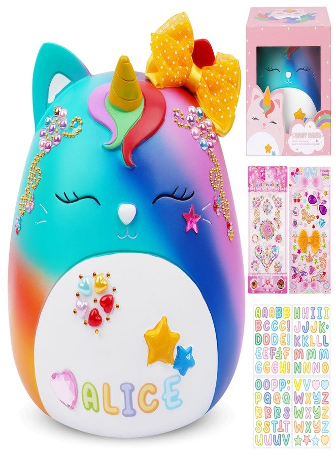 FVNPIHAM Unicorn Piggy Bank for Kids, Piggy Bank Girls with Stickers and Gift Box Unbreakable Resin Coin Money Bank Cute Rainbow Design, Birthday Gifts for Kids Toddlers, 6.5Inch - Image 1