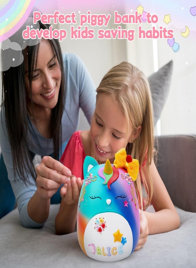 FVNPIHAM Unicorn Piggy Bank for Kids, Piggy Bank Girls with Stickers and Gift Box Unbreakable Resin Coin Money Bank Cute Rainbow Design, Birthday Gifts for Kids Toddlers, 6.5Inch - Image 4