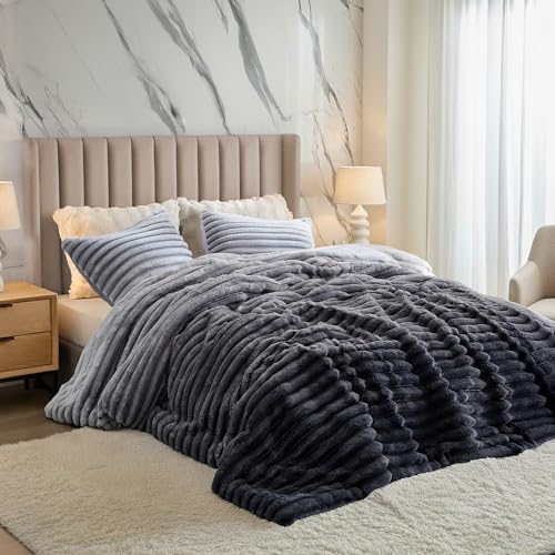 Regency Heights Cuddly Ribbed Fluffy Comforter Set Queen Size, Super Soft Plush Fleece Bedding Set, Warm Fuzzy Comforter with Matching Shams, All-Season Cozy 3-Piece Bed Set, Grey Ombre - Image 1