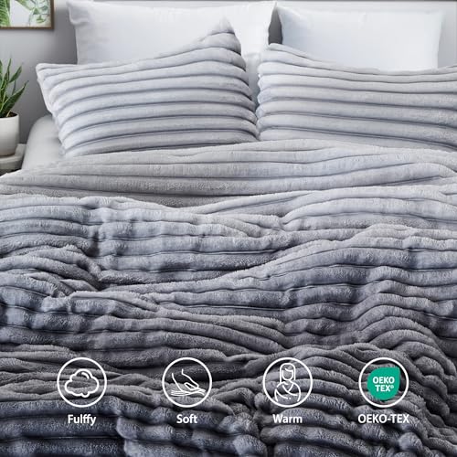 Regency Heights Cuddly Ribbed Fluffy Comforter Set Queen Size, Super Soft Plush Fleece Bedding Set, Warm Fuzzy Comforter with Matching Shams, All-Season Cozy 3-Piece Bed Set, Grey Ombre - Image 3