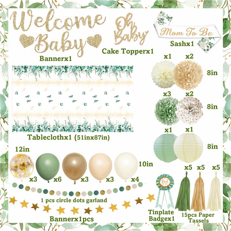 Bolake Sage Green Baby Shower Decorations Gender Neutral Baby Shower Decorations Welcome Baby Banner Sage Green Balloons Paper Lanterns Pom Poms Flowers Tablecloth Tassels Mom to Be Sash Dad to Be Pin - Image 2