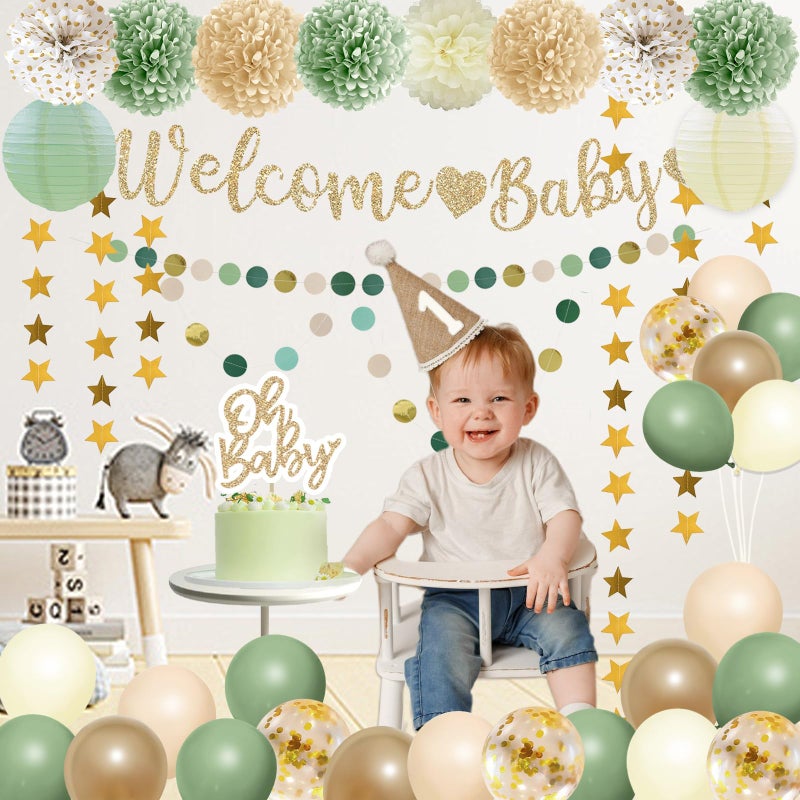 Bolake Sage Green Baby Shower Decorations Gender Neutral Baby Shower Decorations Welcome Baby Banner Sage Green Balloons Paper Lanterns Pom Poms Flowers Tablecloth Tassels Mom to Be Sash Dad to Be Pin - Image 4