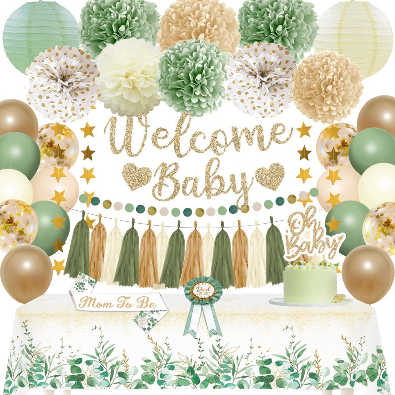 Bolake Sage Green Baby Shower Decorations Gender Neutral Baby Shower Decorations Welcome Baby Banner Sage Green Balloons Paper Lanterns Pom Poms Flowers Tablecloth Tassels Mom to Be Sash Dad to Be Pin - Image 1