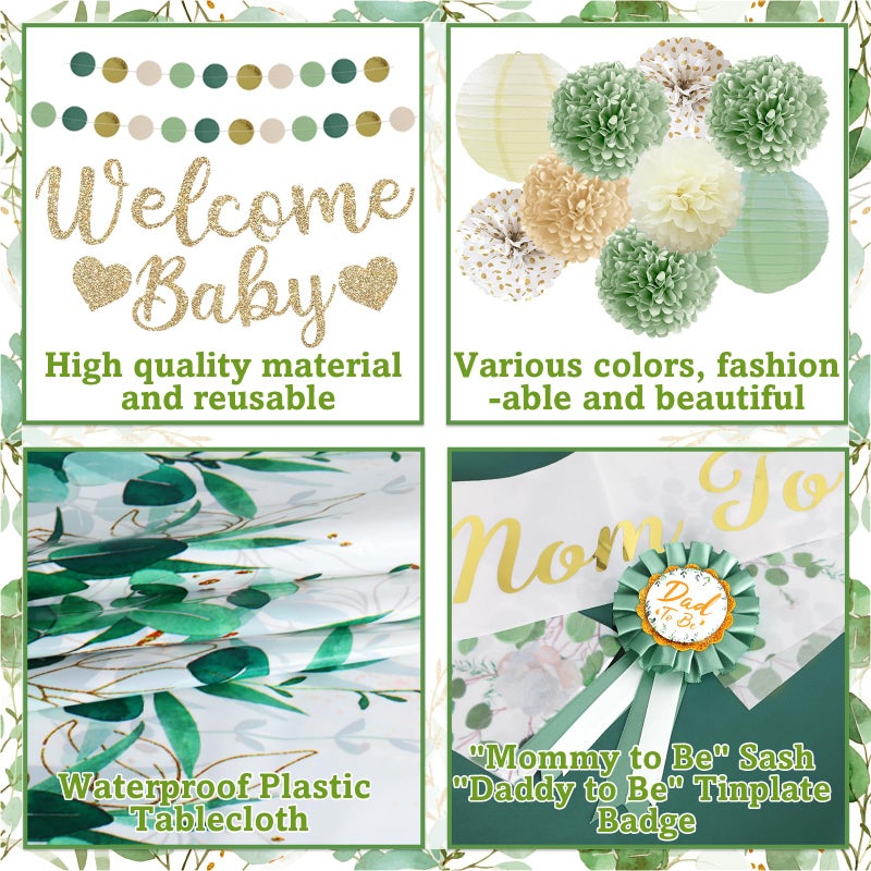 Bolake Sage Green Baby Shower Decorations Gender Neutral Baby Shower Decorations Welcome Baby Banner Sage Green Balloons Paper Lanterns Pom Poms Flowers Tablecloth Tassels Mom to Be Sash Dad to Be Pin - Image 3