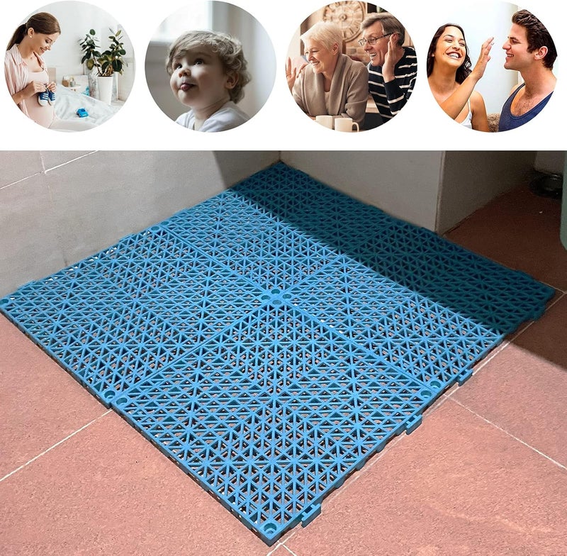 FengWu 12 حزمة من بلاط الأرضية المطاطي المتشابك مع وسادة، مقاس 12 × 12 بوصة، حصيرة دش غير قابلة للانزلاق، بلاط مطاطي خارجي، حصائر للمسبح للأرضية، الصرف، الفناء، الشرفة، الفناء الخلفي، السطح (أزرق) - Image 5