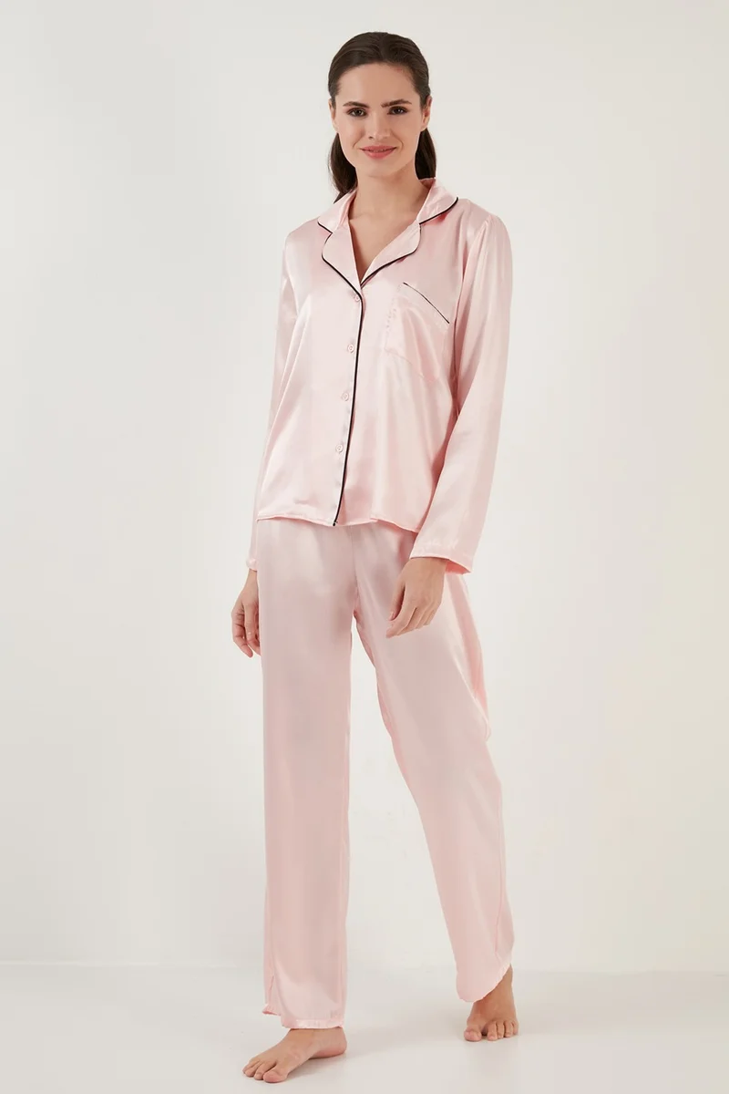 Lela Shirt Collar Relaxed Cut Wide Leg Satin Pajama Set Women's Pajama Set 6110374