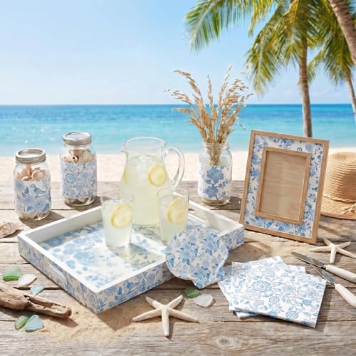 Epakh 36 Pack 6 Styles Light Blue Decoupage Napkins Assorted Floral Chinoiserie Cocktail Napkin Decorative Printed Toile Tissue Paper for Crafting Summer Seashell DIY Coastal Decor, Unfolded 13'' - Image 3