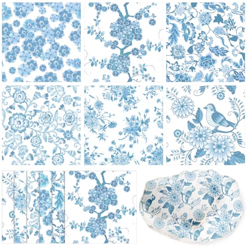 Epakh 36 Pack 6 Styles Light Blue Decoupage Napkins Assorted Floral Chinoiserie Cocktail Napkin Decorative Printed Toile Tissue Paper for Crafting Summer Seashell DIY Coastal Decor, Unfolded 13'' - Image 1