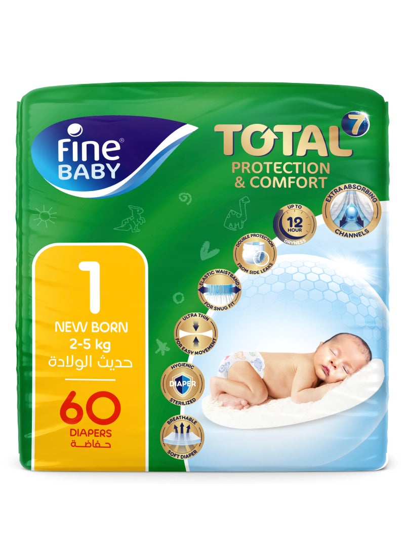 Fine Baby Total 7 Diapers, Size 1 Newborn (2–5 kg) Superior Protection & Comfort, Extra Absorbent, Improved Formula - Image 1