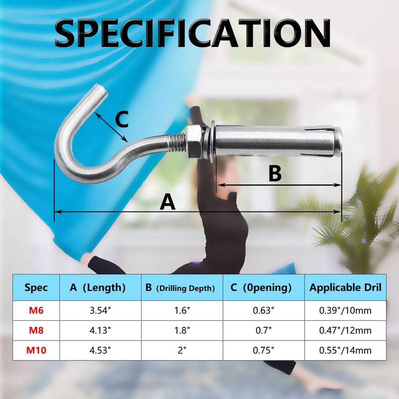 Lsqurel Concrete Wall Hook, 304 Stainless Steel Concrete Anchors Heavy Duty Open Expansion Bolts for Concrete Wall (M8-10Pack) - Image 2