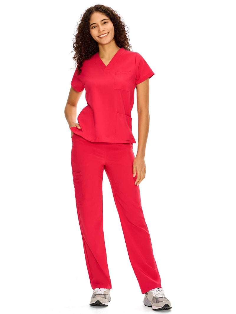 COZYFIT Scrubs for Women Set Medical Uniform - V-Neck Top & Straight Leg Pants with 9 Pockets, Unisex Workwear COZY SCRUBS, Viva Magenta, L - Image 1