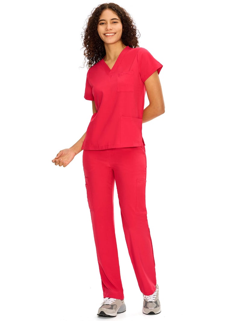 COZYFIT Scrubs for Women Set Medical Uniform - V-Neck Top & Straight Leg Pants with 9 Pockets, Unisex Workwear COZY SCRUBS, Viva Magenta, L - Image 3