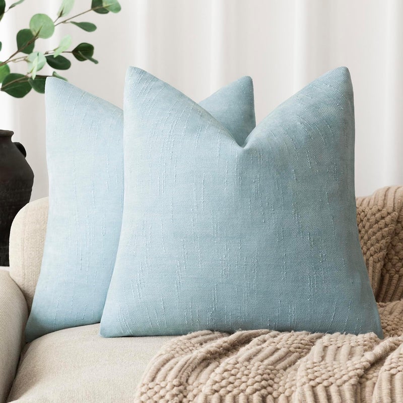 Foindtower Pack of 2 Textured Chenille Throw Decorative Pillow Covers Square Accent Solid Cushion Cover Neutral Farmhouse Modern Pillow Case for Couch Sofa Bedroom Living Room 22x22 Inch,Light Blue - Image 1