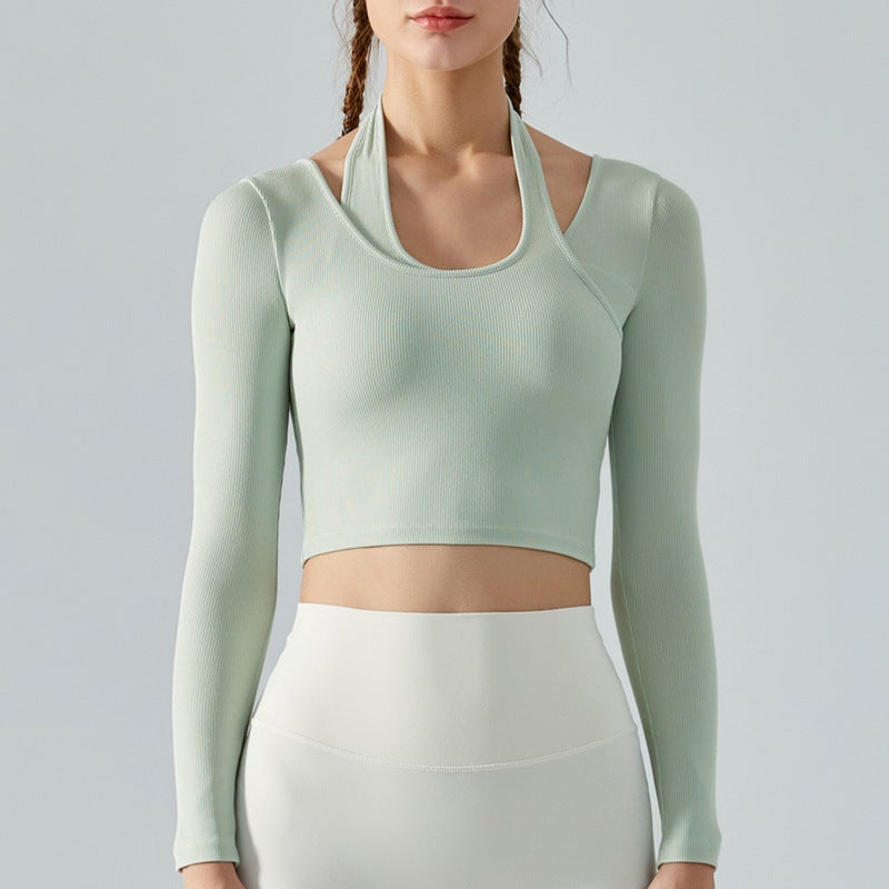Generic Autumn Yoga Halter Top Removable Pads Long Sleeve Mint Milk Green